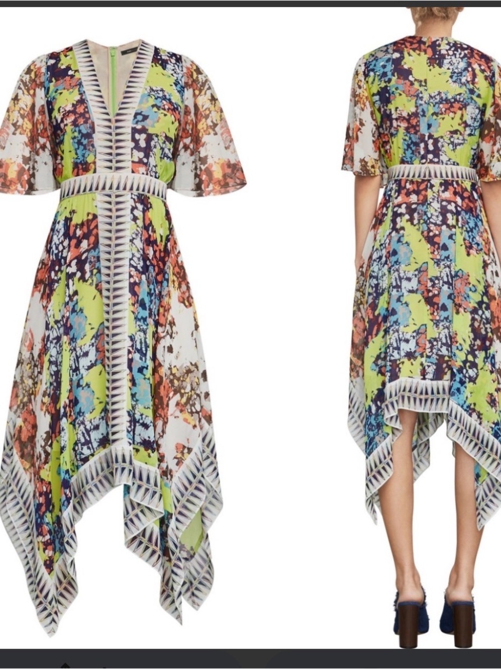 $398 BCBG MaxAzria 100% silk roselle flutter sleeve Handkerchief-Hem Dress